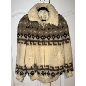 Vintage Hilda LTD 100% Wool Zip Jacket Knit Sweater Iceland Geometric Mens Large